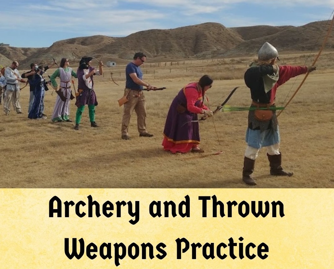 A line of people using traditional bows and arrows, title says Archery and Thrown Weapons Practice